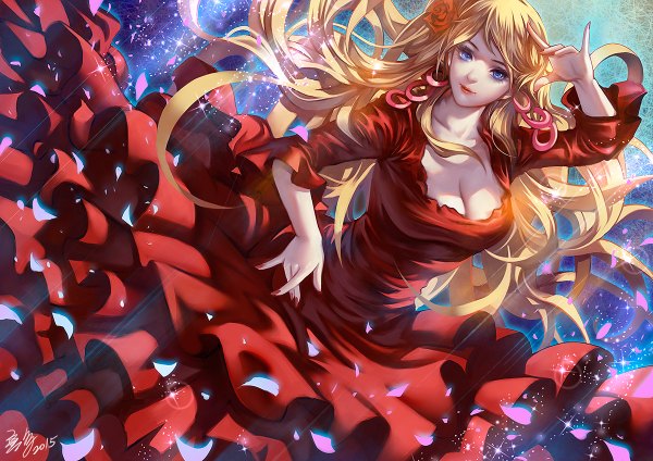 Anime picture 1200x848 with original wuduo single long hair looking at viewer fringe breasts blue eyes blonde hair smile large breasts signed cleavage nail polish hair flower sparkle lipstick red lipstick shiny dancing