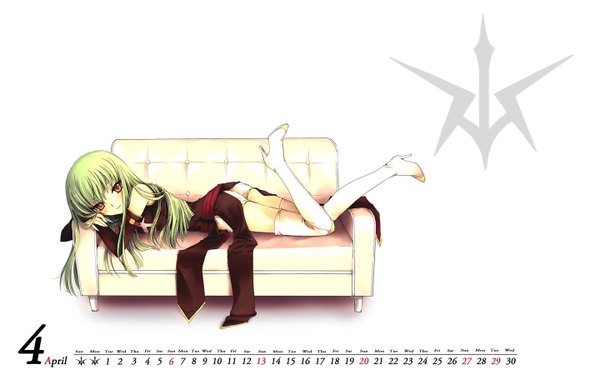 Anime picture 1440x900 with code geass sunrise (studio) c.c. single long hair looking at viewer smile wide image white background green hair girl couch calendar