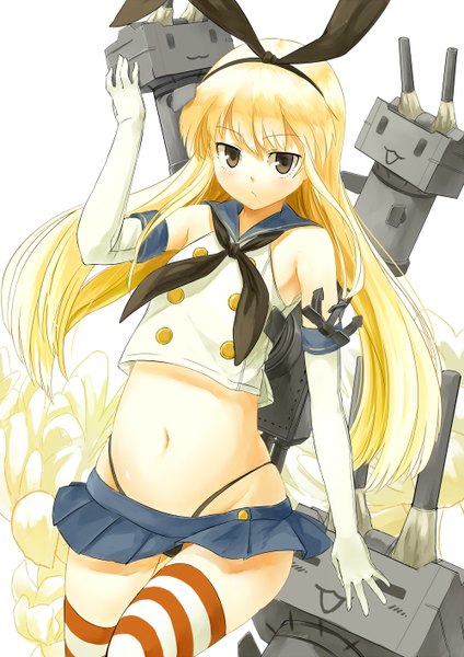 Anime picture 1000x1414 with kantai collection shimakaze destroyer rensouhou-chan nishiuri (artist) single long hair tall image looking at viewer blush light erotic blonde hair brown eyes girl thighhighs gloves navel underwear panties bow hair bow