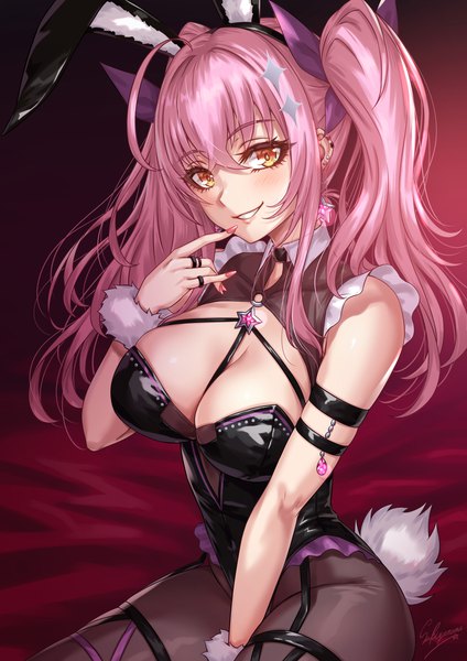 Anime picture 1500x2121 with original sakiyamama single long hair tall image looking at viewer blush fringe breasts light erotic simple background smile hair between eyes large breasts sitting twintails signed animal ears payot pink hair