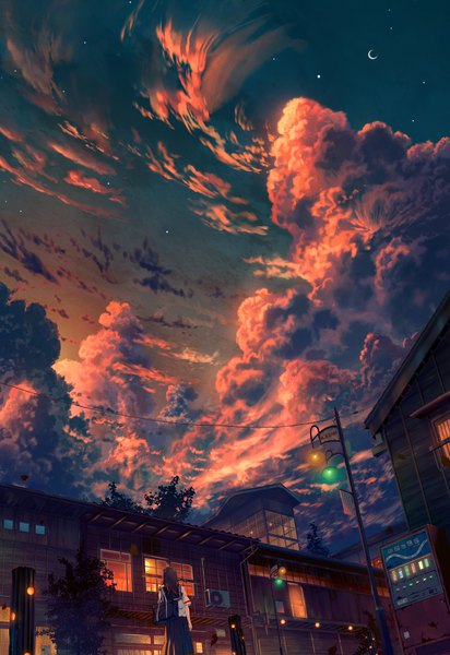 Anime picture 3000x4373 with original shuu illust single long hair tall image highres black hair standing sky cloud (clouds) outdoors pleated skirt from behind short sleeves evening crescent red sky girl skirt uniform
