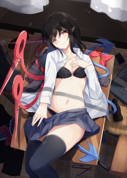 Anime picture 1036x1449 with touhou houjuu nue igayan single long hair tall image looking at viewer blush fringe breasts light erotic black hair smile red eyes bent knee (knees) indoors lying head tilt pleated skirt pointy ears