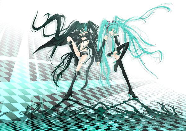 Anime picture 2100x1479 with black rock shooter vocaloid hatsune miku black rock shooter (character) lime (pixiv) highres black hair simple background twintails multiple girls full body very long hair aqua eyes aqua hair glowing glowing eye (eyes) checkered floor crossover girl 2 girls
