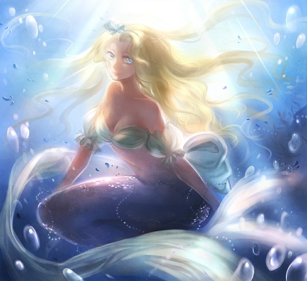 Anime picture 1000x918 with original f-wd single long hair breasts blue eyes blonde hair bare shoulders sunlight underwater girl navel hair ornament water bubble (bubbles) mermaid