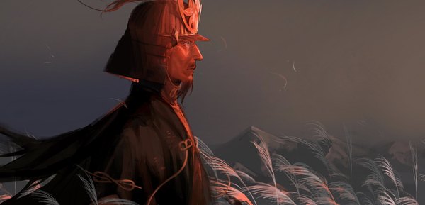 Anime picture 2048x988 with sekiro: shadows die twice from software isshin ashina mantangfeng single highres wide image looking away upper body outdoors profile boy helmet beard wheat wheat field