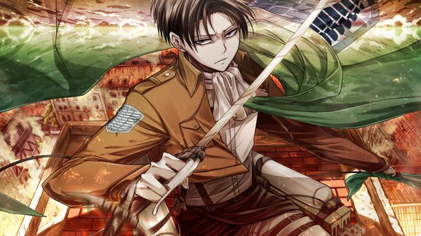 Anime picture 1600x900 with shingeki no kyojin production i.g levi (rivaille) angel31424 looking at viewer short hair blue eyes black hair wide image open clothes open jacket boy weapon sword belt building (buildings) thigh strap cape