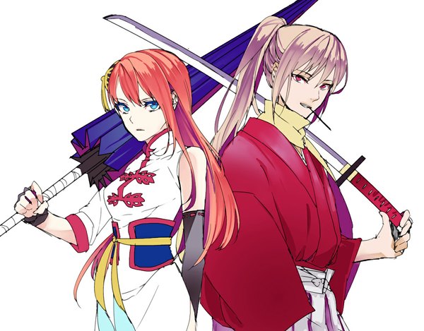 Anime picture 1019x797 with gintama sunrise (studio) kagura (gintama) okita sougo long hair looking at viewer blue eyes simple background smile red eyes brown hair bare shoulders ponytail red hair traditional clothes japanese clothes chinese clothes closed umbrella weapon over shoulder girl