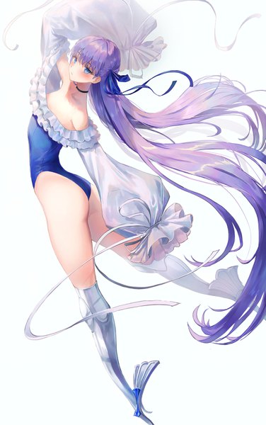 Anime picture 2397x3822 with fate (series) fate/grand order meltryllis (fate) meltryllis (swimsuit lancer) (fate) pigone single tall image looking at viewer blush fringe highres blue eyes light erotic simple background white background purple hair ass blunt bangs arm up off shoulder