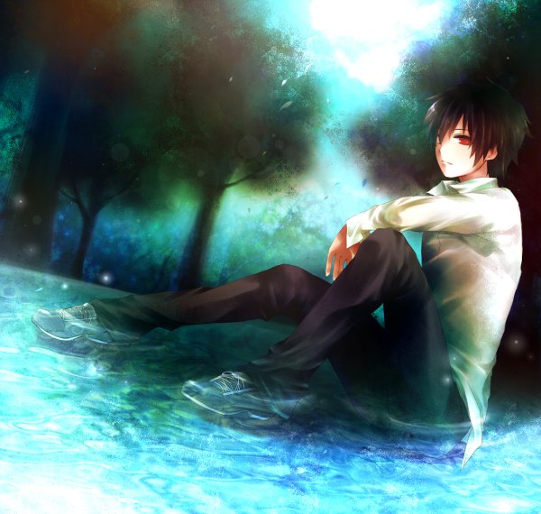 Anime picture 1200x1140 with shinrei tantei yakumo saitou yakumo itsuya (artist) single short hair red eyes brown hair sitting boy plant (plants) shirt tree (trees) water pants sneakers