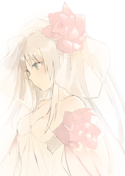 Anime picture 600x844 with original lpip single long hair tall image fringe breasts simple background blonde hair white background bare shoulders brown eyes looking away cleavage upper body long sleeves profile hair flower expressionless girl