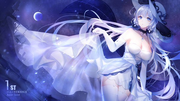 イラスト 1920x1080 と アズールレーン イラストリアス(アズールレーン) 詩驯 ソロ 長髪 赤面 前髪 highres おっぱい 青い目 hair between eyes wide image 大きな乳房 ツインテール 肩出し looking away cleavage 銀髪 night ほくろ