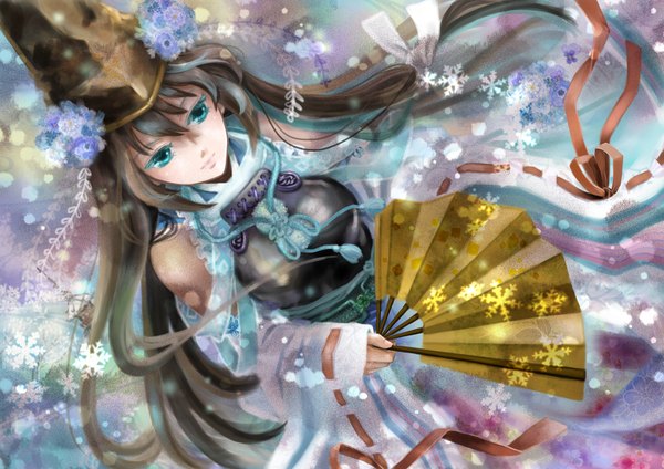 Anime picture 1024x724 with original akko (pixiv) single long hair brown hair bare shoulders japanese clothes aqua eyes winter snow girl ribbon (ribbons) hat detached sleeves belt fan snowflake (snowflakes)