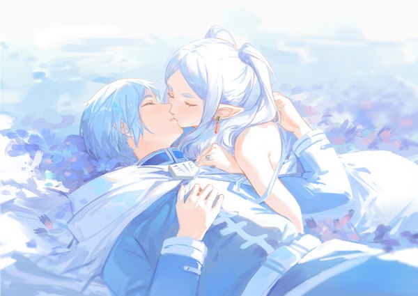 Anime picture 4273x3024 with sousou no frieren frieren himmel (sousou no frieren) meinoss long hair highres short hair twintails blue hair absurdres silver hair lying eyes closed pointy ears on back couple elf on stomach kiss girl