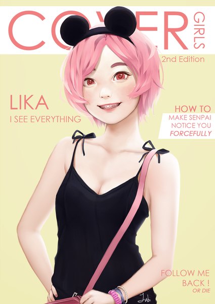 Anime-Bild 1292x1826 mit original lika (jubi) jubi (regiana) single tall image looking at viewer short hair simple background smile red eyes bare shoulders signed animal ears pink hair cleavage upper body red hair character names grin text