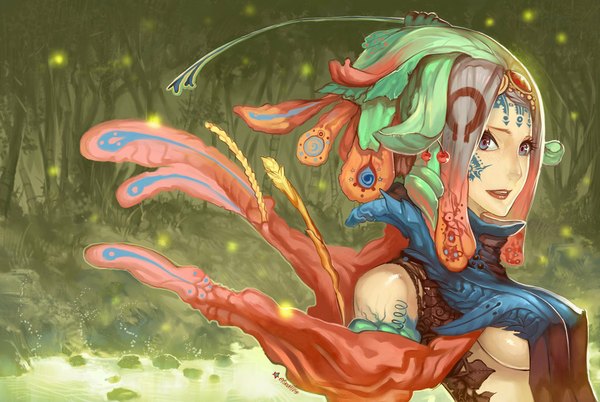 Anime picture 1024x687 with original elsevilla single blue eyes smile red eyes bare shoulders lips tattoo facial mark river face paint girl plant (plants) tree (trees) water food feather (feathers) berry (berries) forest