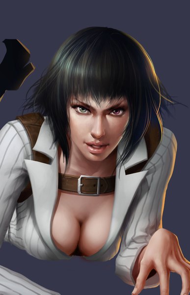 Anime picture 2068x3205 with devil may cry lady (devil may cry) baozou xiao xia tall image looking at viewer fringe highres short hair breasts open mouth light erotic simple background green eyes cleavage pink eyes realistic teeth high heels heterochromia striped