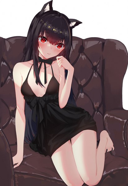 Anime picture 1500x2184 with original bsmycc single long hair tall image looking at viewer blush fringe breasts light erotic black hair simple background hair between eyes red eyes white background sitting bare shoulders animal ears payot full body
