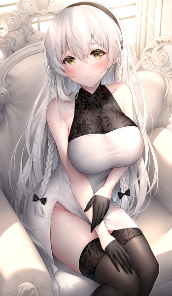 Anime picture 2894x4980 with azur lane hermione (azur lane) hermione (graceful afternoon tea) (azur lane) oyuwari single long hair tall image looking at viewer blush fringe highres breasts light erotic smile hair between eyes large breasts sitting bare shoulders yellow eyes silver hair
