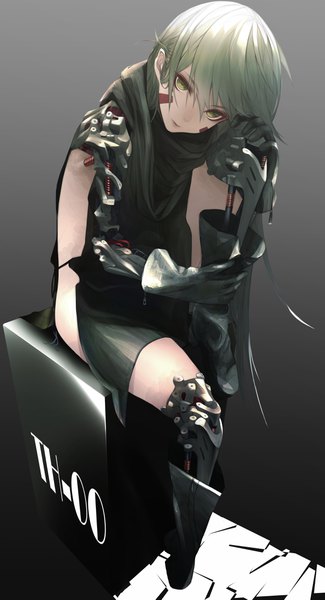 Anime picture 2412x4453 with original savan single tall image looking at viewer fringe highres short hair light erotic simple background hair between eyes sitting green eyes full body green hair grey background gradient background facial mark mechanical arms mechanical parts
