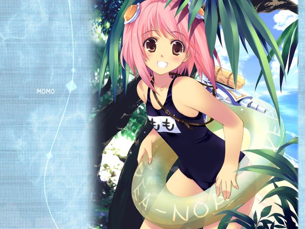 Anime picture 1600x1200 with xenosaga monolith software m.o.m.o. iizuki tasuku single looking at viewer blush fringe short hair smile standing holding brown eyes pink hair sky cloud (clouds) bare legs leaning leaning forward character names