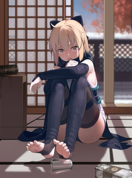 Anime picture 1500x2021 with fate (series) fate/grand order koha-ace okita souji (fate) (all) okita souji (koha-ace) qiongsheng single tall image looking at viewer blush fringe short hair open mouth light erotic blonde hair sitting bare shoulders yellow eyes ahoge traditional clothes