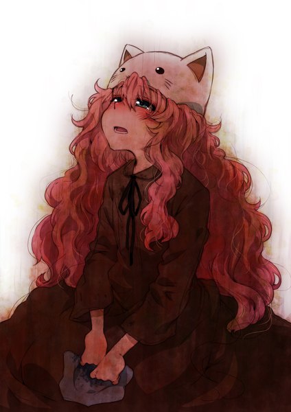 Anime picture 1240x1754 with vocaloid toeto (vocaloid) megurine luka megurine luka (toeto) takanashi ringo single long hair tall image blush open mouth blue eyes simple background white background animal ears pink hair cat ears tears girl cap animal hat