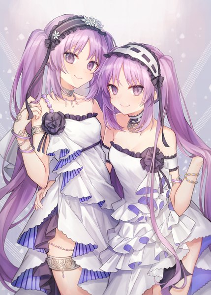 Anime picture 1036x1450 with fate (series) fate/hollow ataraxia euryale (fate) stheno coyucom long hair tall image looking at viewer blush fringe simple background smile standing twintails purple eyes bare shoulders multiple girls payot purple hair grey background