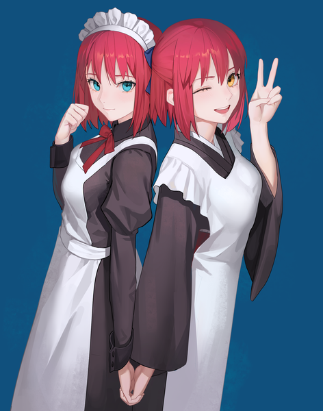 Anime picture 3268x4154 with shingetsutan tsukihime type-moon kohaku (tsukihime) hisui (tsukihime) drid tall image looking at viewer highres short hair open mouth blue eyes simple background multiple girls yellow eyes absurdres red hair one eye closed wink maid holding hands