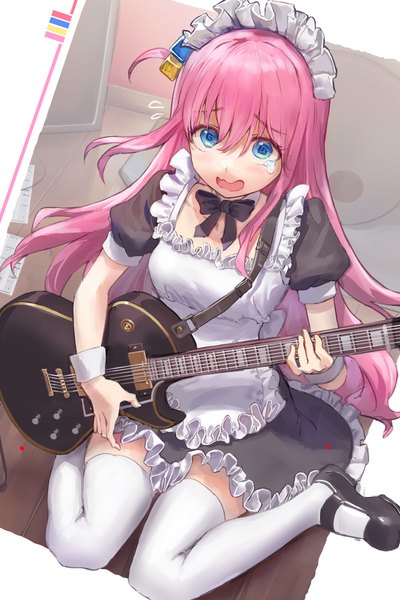 Anime picture 800x1200 with bocchi the rock! cloverworks gotou hitori athenawyrm single long hair tall image fringe open mouth blue eyes hair between eyes sitting pink hair from above maid one side up wariza girl thighhighs uniform