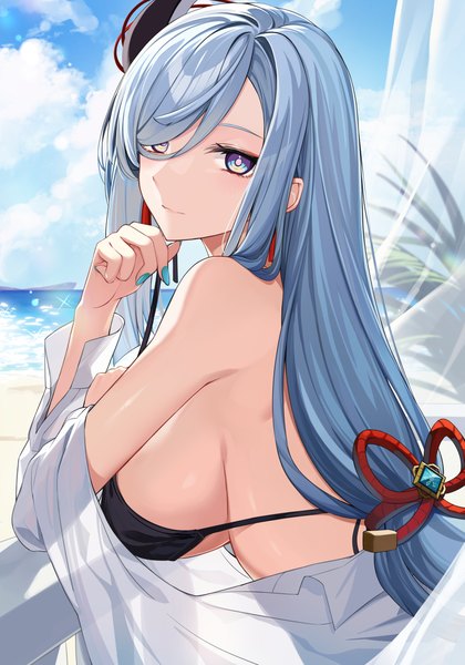 Anime picture 1750x2500 with genshin impact shenhe (genshin impact) takehana note single long hair tall image looking at viewer fringe highres breasts blue eyes light erotic large breasts sky silver hair cloud (clouds) outdoors nail polish fingernails hair over one eye