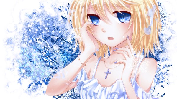 Anime picture 1600x900 with vocaloid kagamine rin single short hair open mouth blue eyes blonde hair wide image bare shoulders nail polish tears crying girl cross
