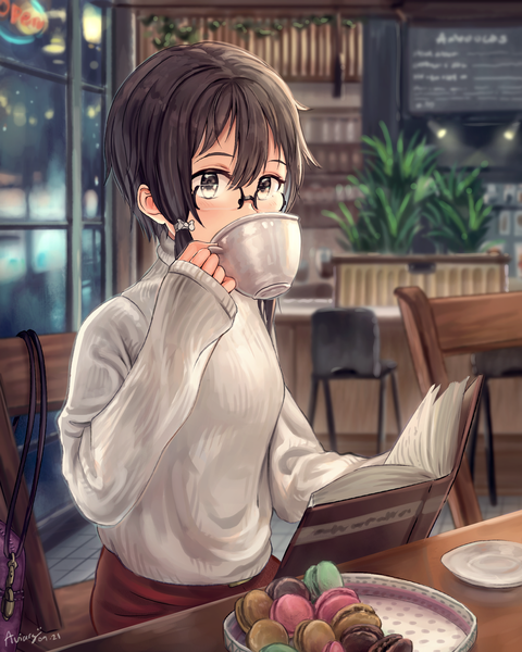 Anime-Bild 2000x2500 mit sword art online a-1 pictures asada shino aviary single tall image looking at viewer blush fringe highres short hair breasts black hair hair between eyes sitting holding signed payot indoors long sleeves