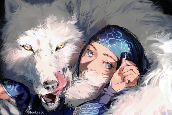 Anime-Bild 2000x1344 mit golden kamuy asirpa retar zifletts single looking at viewer highres blue eyes black hair signed twitter username covered mouth girl animal hairband wolf