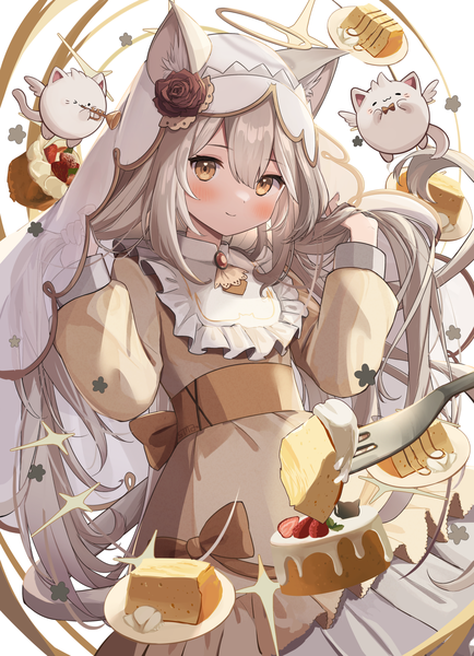 Anime picture 1190x1646 with original goma (u p) single long hair tall image looking at viewer blush fringe simple background smile hair between eyes standing white background twintails brown eyes animal ears payot long sleeves grey hair cat ears