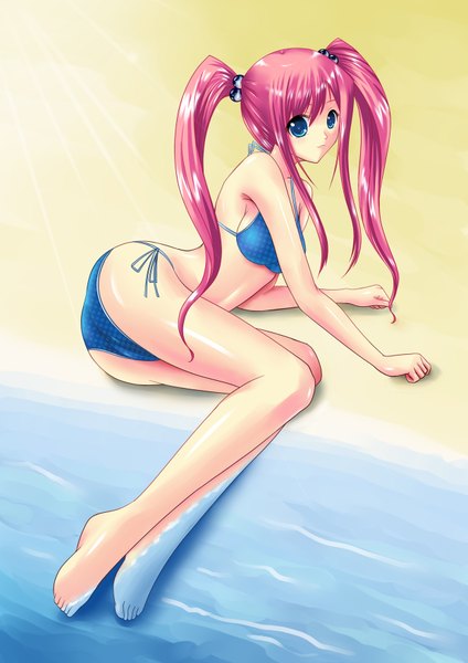 Anime picture 1240x1754 with single long hair tall image blue eyes light erotic simple background twintails pink hair beach girl swimsuit bikini water sea