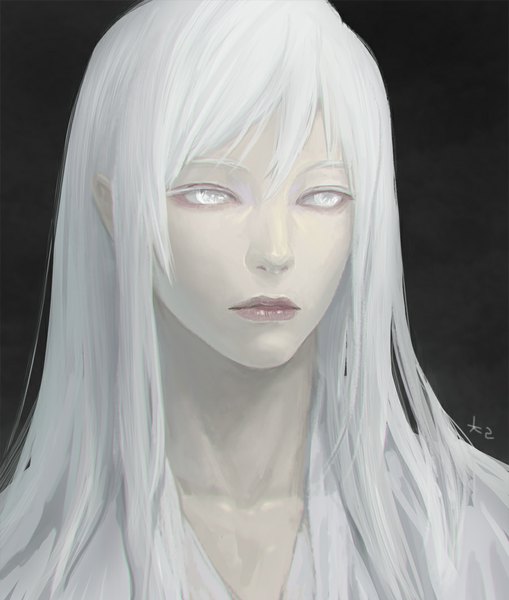 Anime picture 900x1059 with original chalii single long hair tall image simple background looking away white hair lips black background close-up face pale skin silver eyes girl