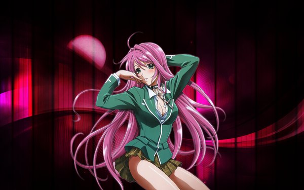 Anime picture 1920x1200 with rosario+vampire akashiya moka ikeda akihisa single long hair blush highres breasts light erotic wide image green eyes pink hair ahoge third-party edit girl skirt uniform school uniform miniskirt serafuku