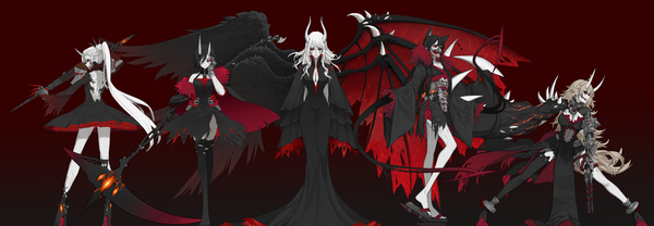 Anime picture 7941x2764 with rwby rooster teeth ruby rose weiss schnee blake belladonna yang xiao long grimm salem (rwby) dishwasher1910 long hair looking at viewer fringe highres short hair breasts open mouth light erotic black hair simple background blonde hair