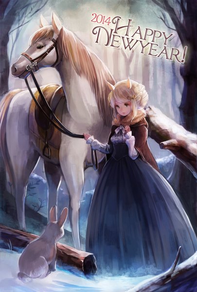Anime picture 900x1332 with original aka tonbo (lovetow) single tall image short hair blonde hair brown eyes animal ears winter snow new year happy new year 2014 girl dress plant (plants) animal tree (trees) bunny horse