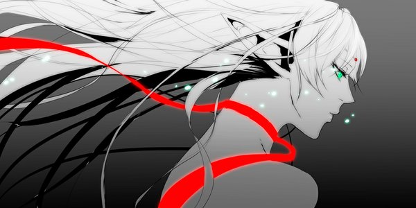 Anime picture 1000x500 with record of lodoss war deedlit pizaya single long hair simple background wide image bare shoulders green eyes profile wind pointy ears grey hair grey background glowing monochrome elf girl ribbon (ribbons) choker
