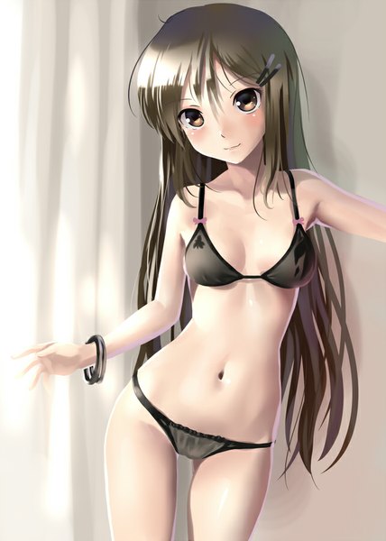 Anime picture 642x900 with original katahira masashi single long hair tall image looking at viewer blush breasts light erotic brown hair bare shoulders bare belly underwear only girl navel hair ornament underwear panties bracelet lingerie