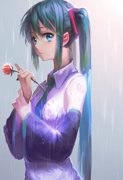 Anime picture 1300x1900 with vocaloid hatsune miku yuket single long hair tall image looking at viewer fringe blue eyes simple background hair between eyes twintails holding payot blue hair upper body multicolored hair green hair grey background wide sleeves