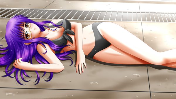 Anime picture 1365x768 with ilolamai single long hair light erotic wide image purple hair orange eyes girl swimsuit bikini glasses black bikini