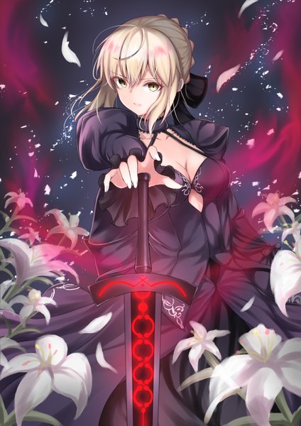 Anime picture 1000x1414 with fate (series) fate/stay night artoria pendragon (all) saber alter nakaji (user snap3353) single tall image looking at viewer blush fringe short hair breasts blonde hair hair between eyes standing holding yellow eyes cleavage ahoge outdoors
