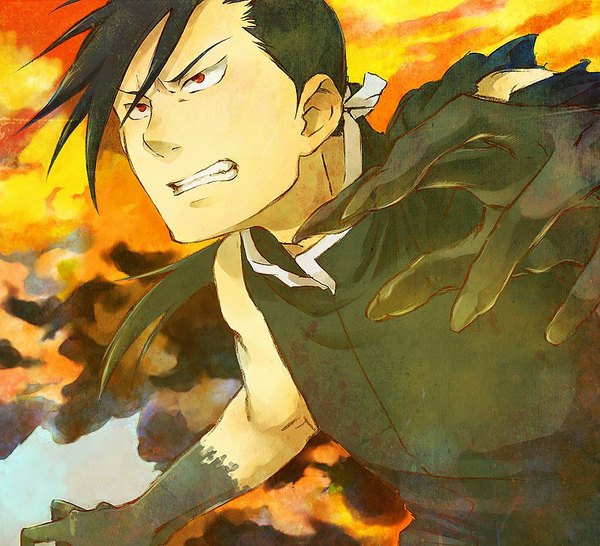 Anime picture 900x820 with fullmetal alchemist studio bones greed niche-mo single long hair black hair red eyes bare shoulders ponytail traditional clothes chinese clothes eyebrows muscle clenched teeth boy fire claws
