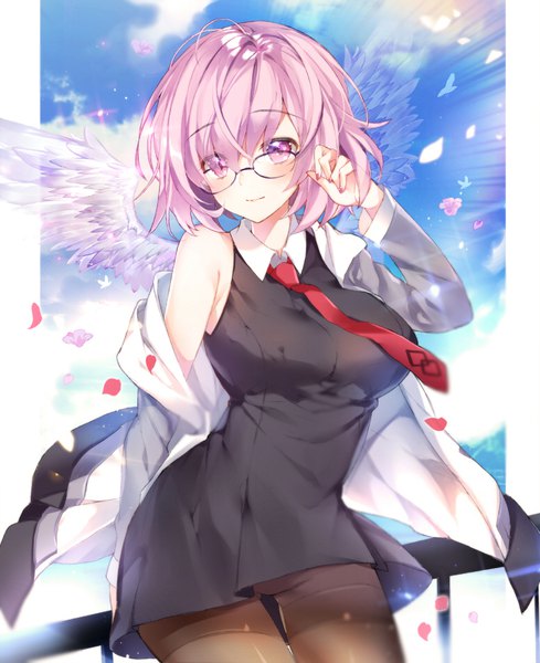 Anime picture 774x950 with fate (series) fate/grand order mash kyrielight pingo single tall image blush short hair breasts light erotic large breasts pink hair sky cloud (clouds) pink eyes off shoulder angel wings girl petals pantyhose