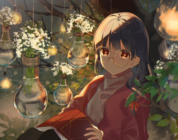 Anime picture 3776x2973 with original omutatsu single long hair looking at viewer fringe highres black hair sitting brown eyes absurdres upper body blunt bangs open clothes low ponytail girl flower (flowers) ribbon (ribbons) plant (plants) hair ribbon