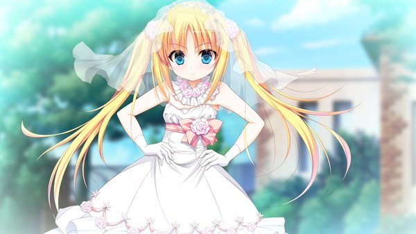 Anime-Bild 1024x576 mit mirai senki slavenil long hair blue eyes blonde hair wide image twintails game cg loli wedding girl dress gloves wedding dress wedding veil