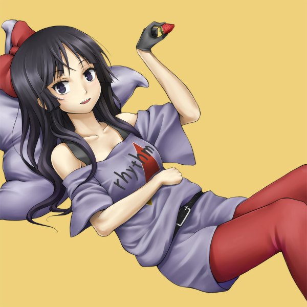 Anime picture 1200x1200 with k-on! kyoto animation akiyama mio maazyu single long hair black hair simple background black eyes yellow background girl bow hair bow food belt berry (berries) single glove strawberry