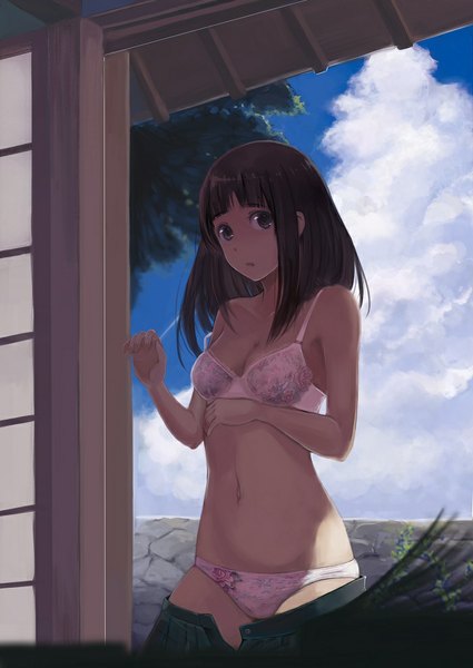 Anime picture 700x989 with hyouka kyoto animation chitanda eru sola7764 single long hair tall image looking at viewer fringe light erotic black hair standing purple eyes bare shoulders sky cloud (clouds) pleated skirt sunlight open clothes bare belly